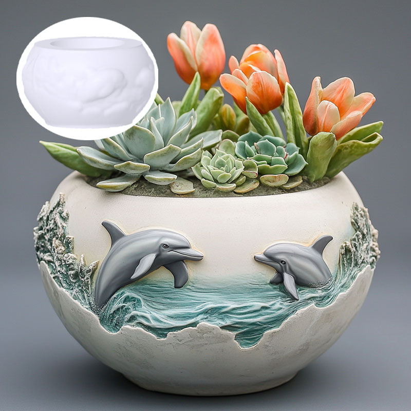Resin Ocean Wave Mold - Casal golfinho alívio planta suculenta vaso